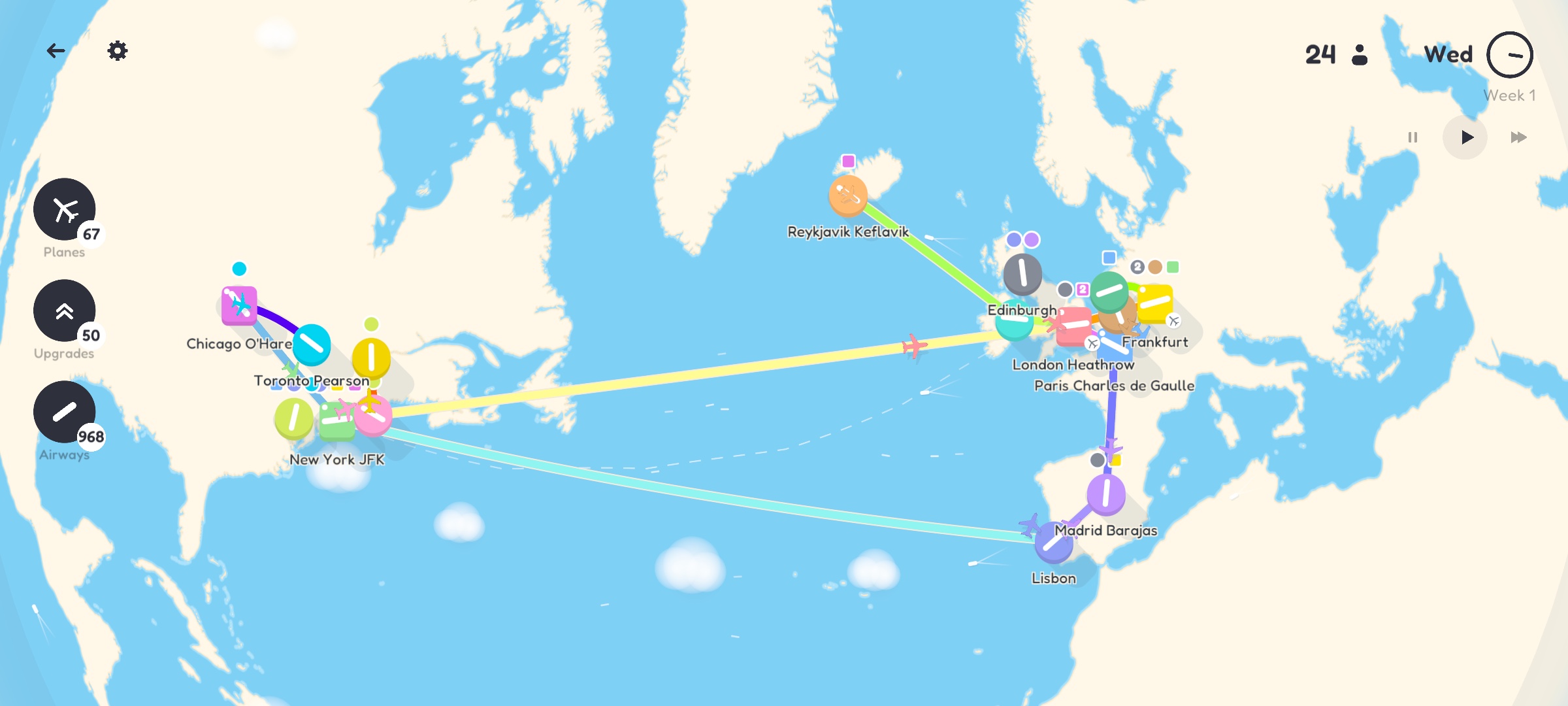 Coloured routes joining airports across the North Atlantic